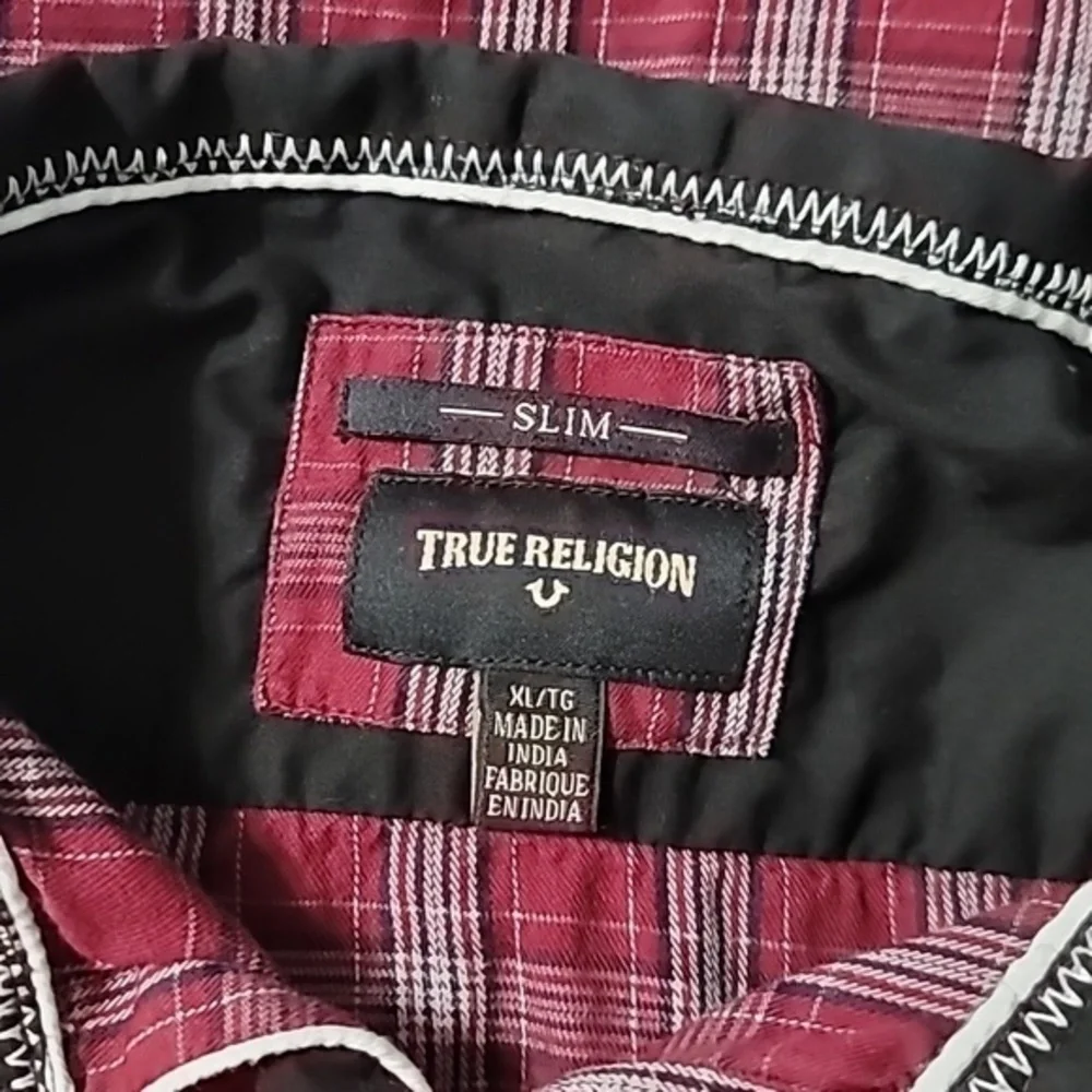 TRUE RELIGION‎ Maroon/White/Black Plaid LS Button-Down Slim Fit Shirt Men's XL